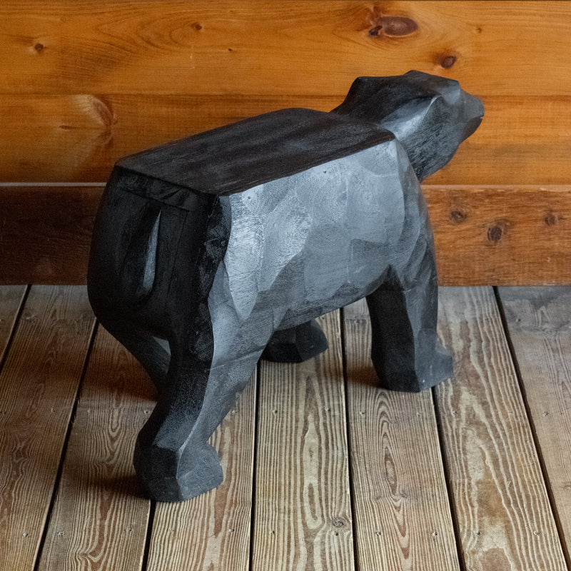 Rustic Hand-Carved Black Bear Side Table, Angled Back View