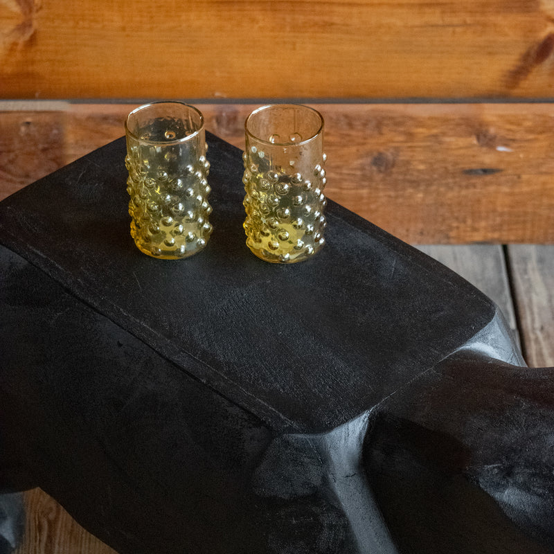 Rustic Hand-Carved Black Bear Side Table, Top View with Drinking Glasses