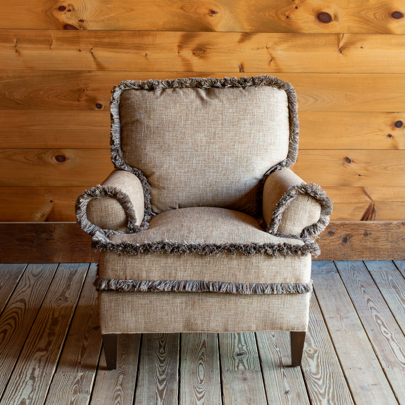 Classic Loose Back Chair With Brush Fringe and Roll Arms, Front View