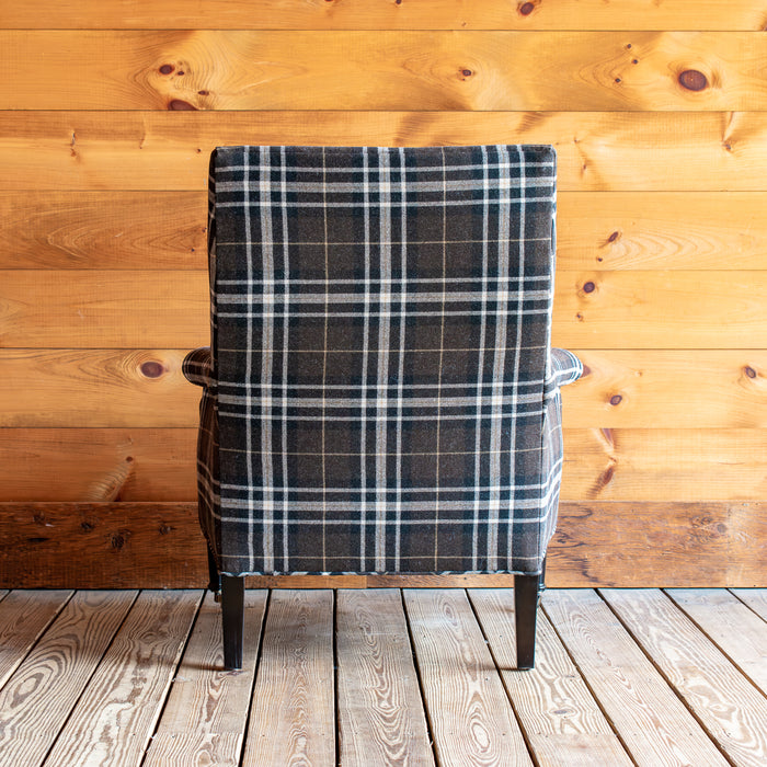 Rustic Plaid Chair with Rolled Arms and Antiqued Brass Casters, Back View