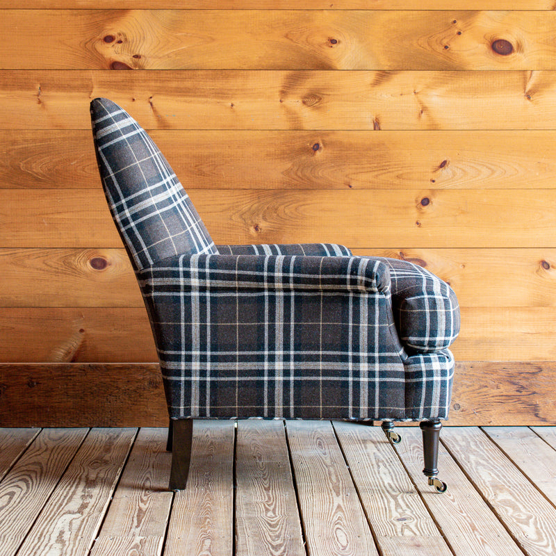 Classic Rustic Plaid Chair with Rolled Arms and Antiqued Casters, Side View