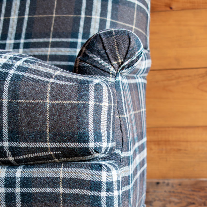 Rustic Plaid Chair with Rolled Arms and Antiqued Casters, Arm and Seam Detail View
