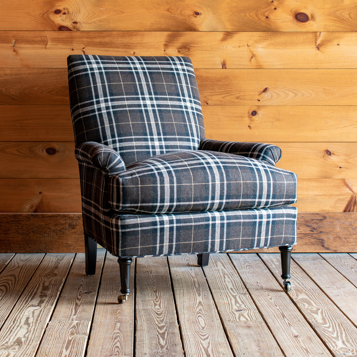 Rustic Plaid Chair with Rolled Arms and Antiqued Brass Casters