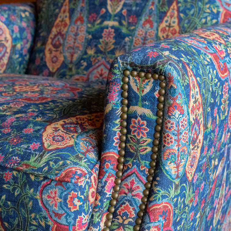 Rustic Club Chair Upholstered in Vibrant Fabric with Bird and Floral Motifs in Jewel Tones, Fabric Detail