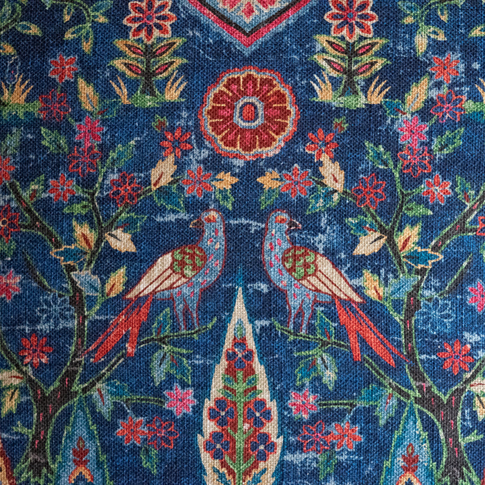 Rustic Club Chair Upholstered in Vibrant Fabric with Bird and Floral Motifs in Jewel Tones, Fabric Detail