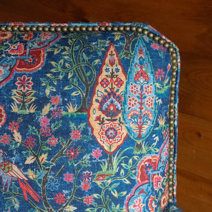 Rustic Club Chair Upholstered in Vibrant Fabric with Bird and Floral Motifs in Jewel Tones, Seatback Corner Detail