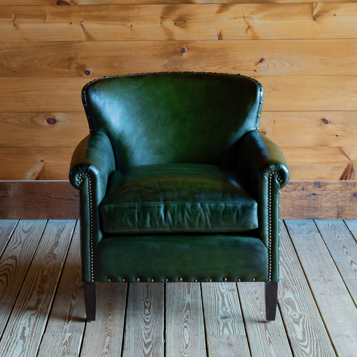 Emerald Green Leather Armchair with Rolled Arms and Tack Trim, Front View