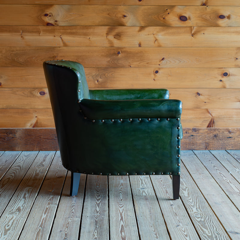 Emerald Green Leather Armchair With Rolled Arms and Tack Trim, Profile View