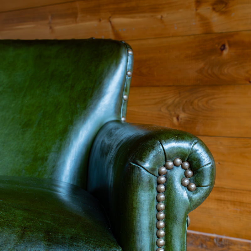 Emerald Green Leather Armchair, Tack and Arm Detail