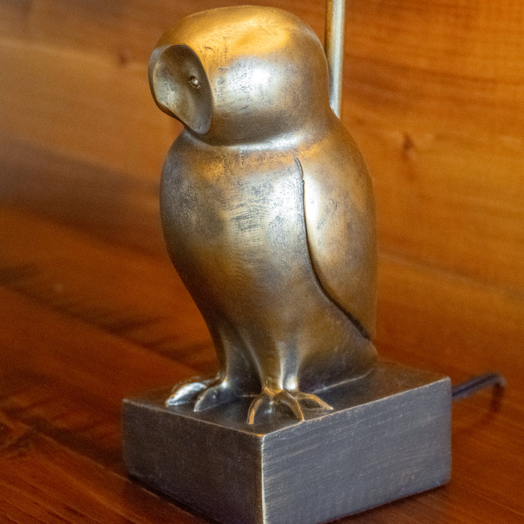 Rustic Owl Table Lamp with Distressed Gold Finish, Shade Detail