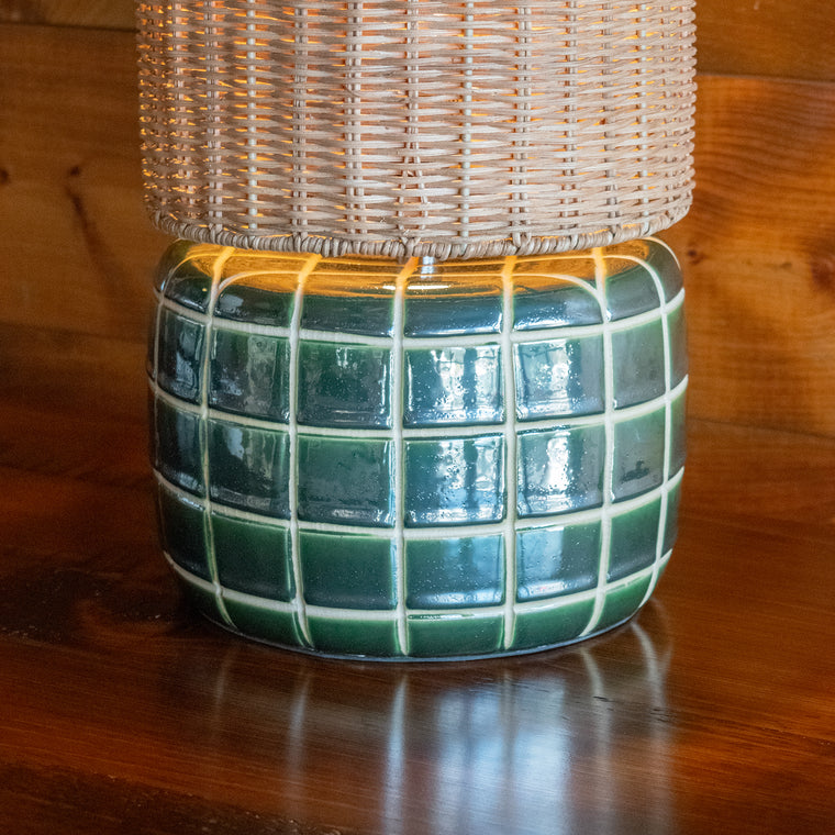 Green-Blue Tile Table Lamp with Tall Woven Rattan Drum Shade, Shade Detail