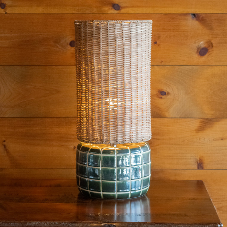 Tiled Accent Lamp with Rattan Shade