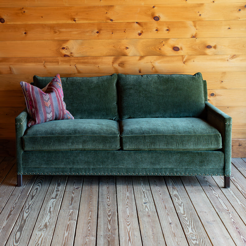 Rustic Green Track Arm Sofa With Tack Trim, Styled With Kilim Pillow