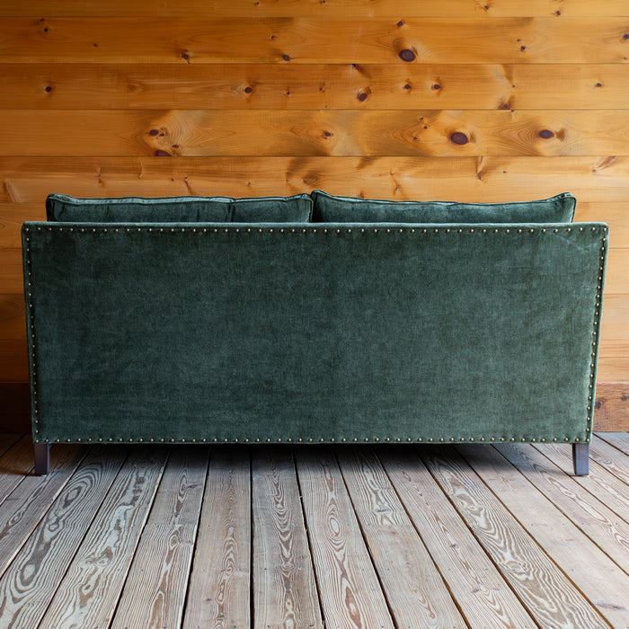 Rustic Green Track Arm Sofa With Tack Trim, Back View