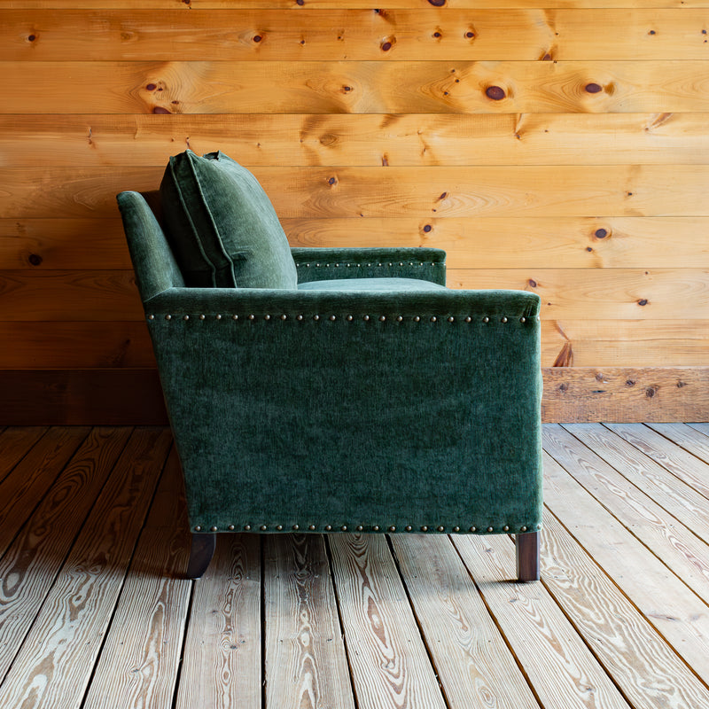 Rustic Green Track Arm Sofa With Tack Trim, Profile View