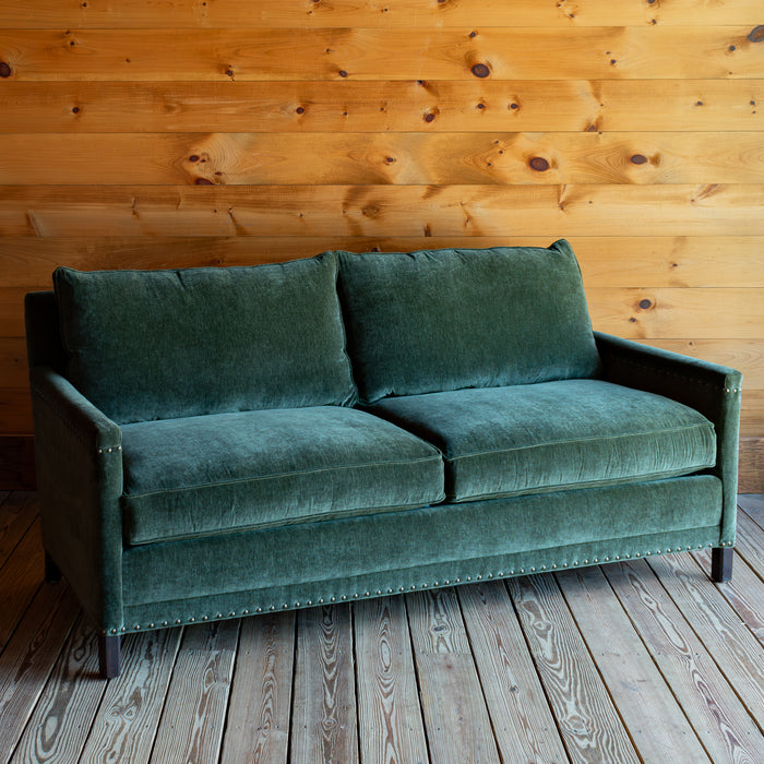 Rustic Green Track Arm Sofa With Tack Trim