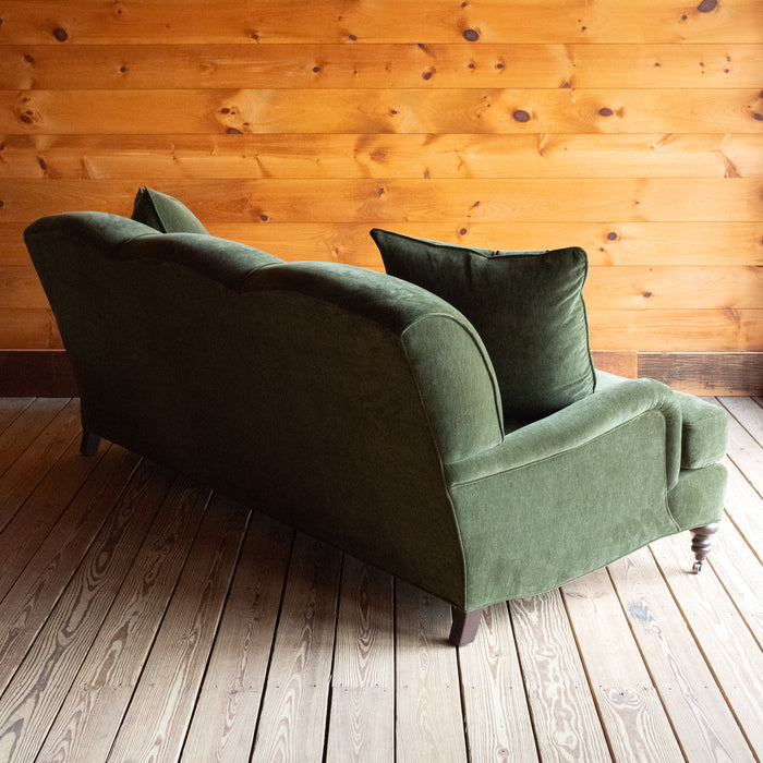 Classic English Roll Arm Sofa Upholstered in Green Velvet Chenille with Matching Down Throw Pillows, Angled Back View
