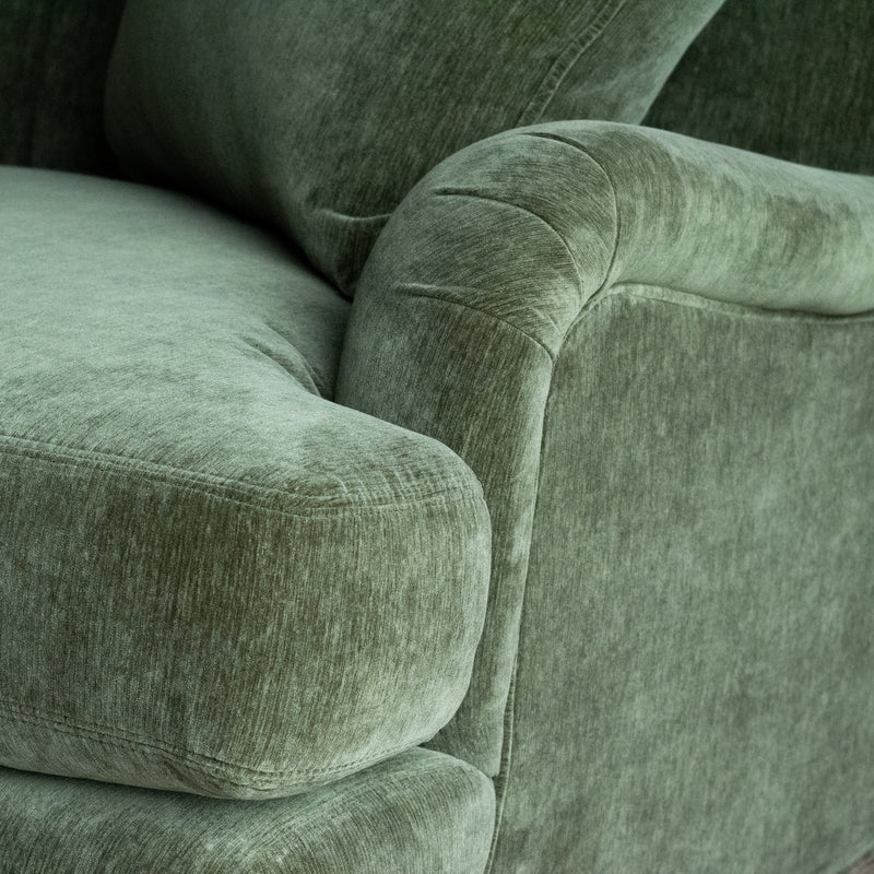 Classic English Roll Arm Sofa Upholstered in Green Velvet Chenille with Matching Down Throw Pillows, Arm Detail