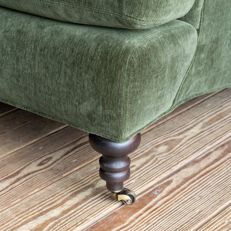 Classic English Roll Arm Sofa Upholstered in Green Velvet Chenille with Matching Down Throw Pillows, Leg Detail