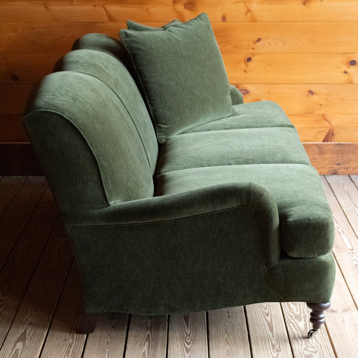 Classic English Roll Arm Sofa Upholstered in Green Velvet Chenille with Matching Down Throw Pillows, Profile View