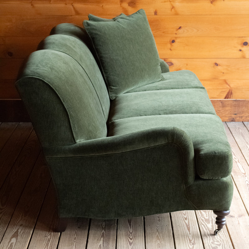 Classic English Roll Arm Sofa Upholstered in Green Velvet Chenille with Matching Down Throw Pillows, Profile View