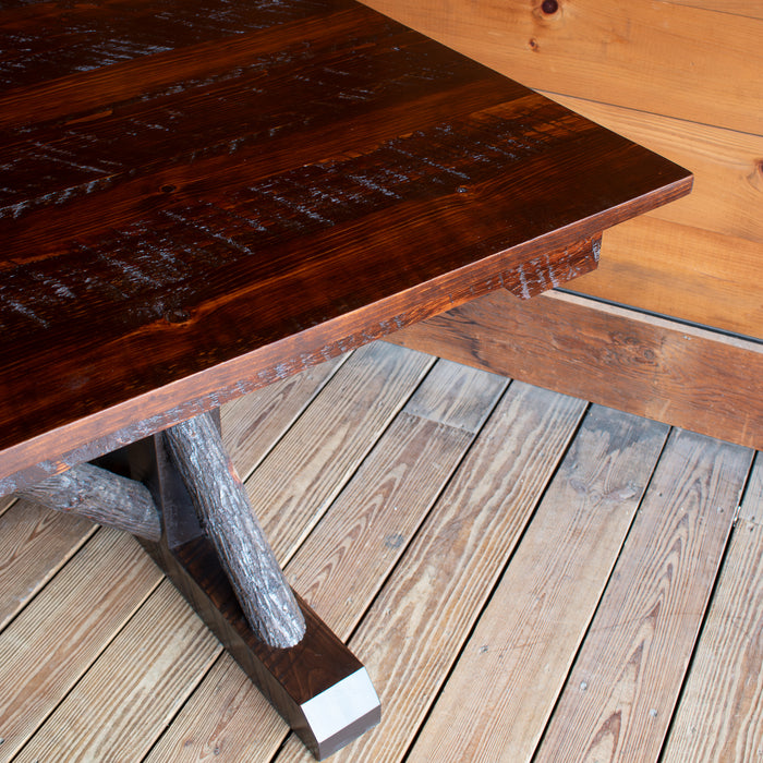 Rustic Hickory Trestle Base Table With Rough Sawn Pine Top, Top Detail