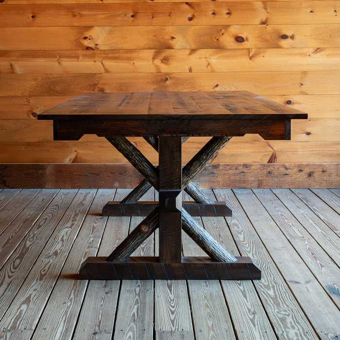 Rustic Hickory Trestle Base Table With Rough Sawn Pine Top, End View