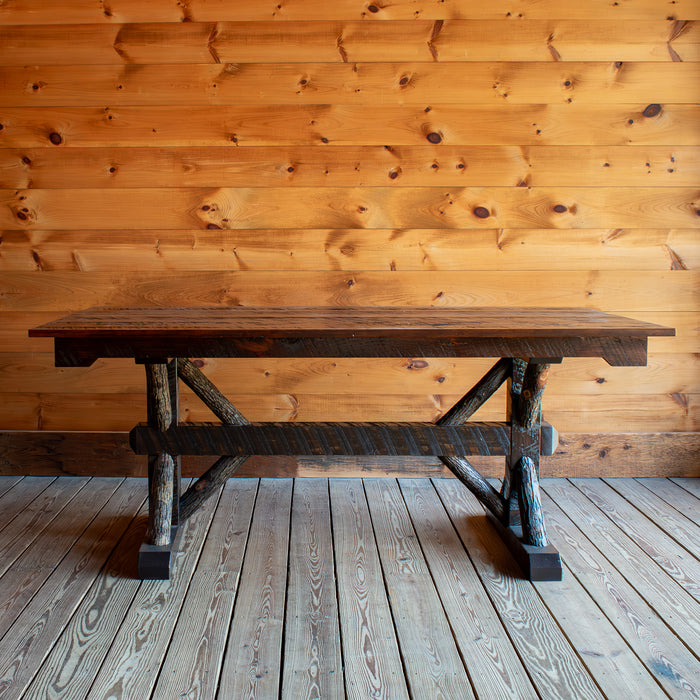 Rustic Hickory Trestle Base Table With Rough Sawn Pine Top, Side View