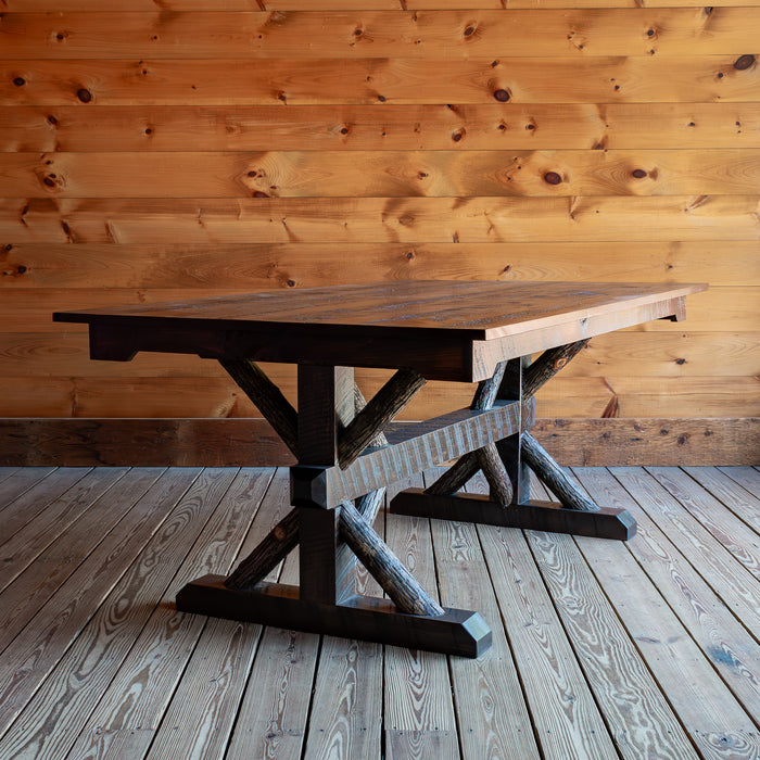 Rustic Hickory Trestle Base Table With Rough Sawn Pine Top