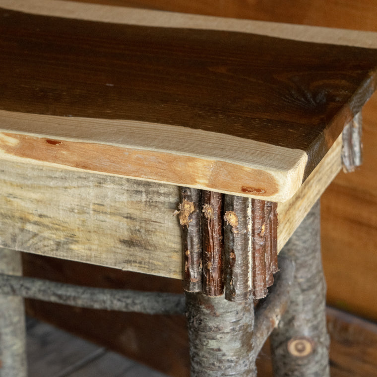 Rustic Wood Bench/Coffee Table with Walnut-Stained Center and Twig Decoration, Top View