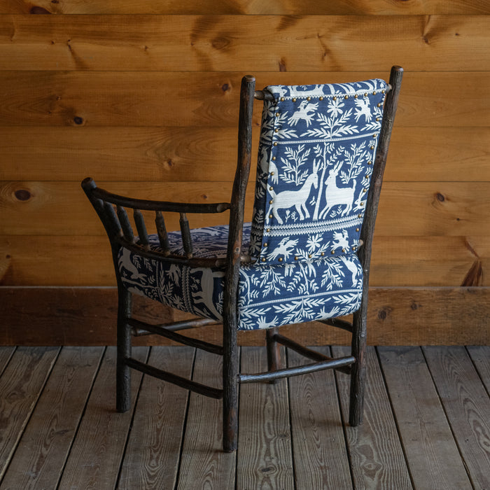 Rustic Steam-Bent Hickory Chair Upholstered in Blue and White Folk Animal Fabric, Angled Back View