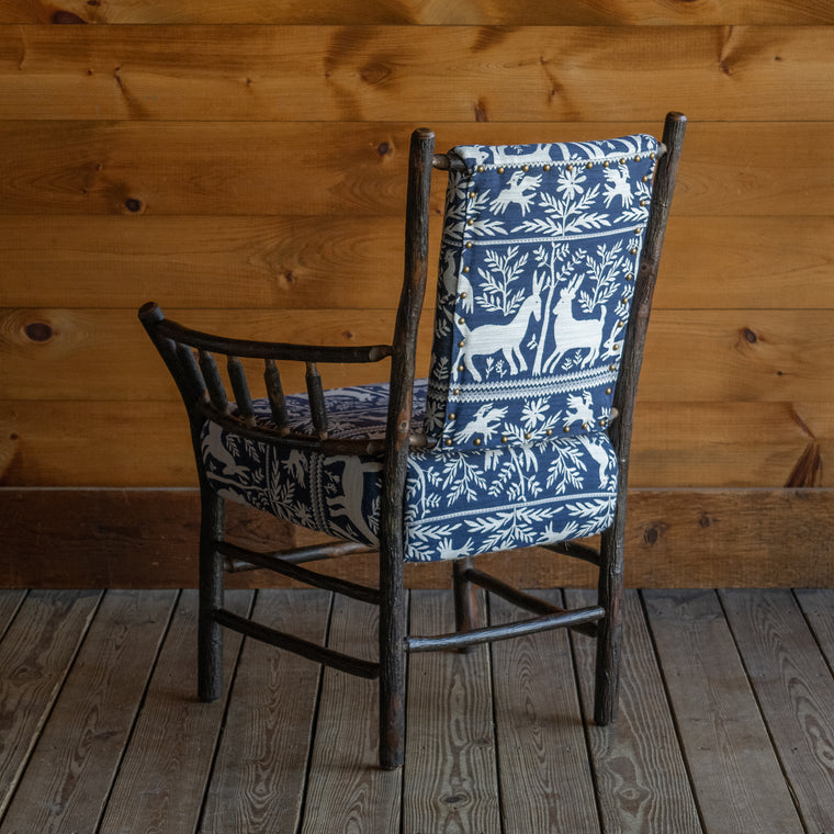 Rustic Steam-Bent Hickory Chair Upholstered in Blue and White Folk Animal Fabric, Back Nailhead Trim Detail