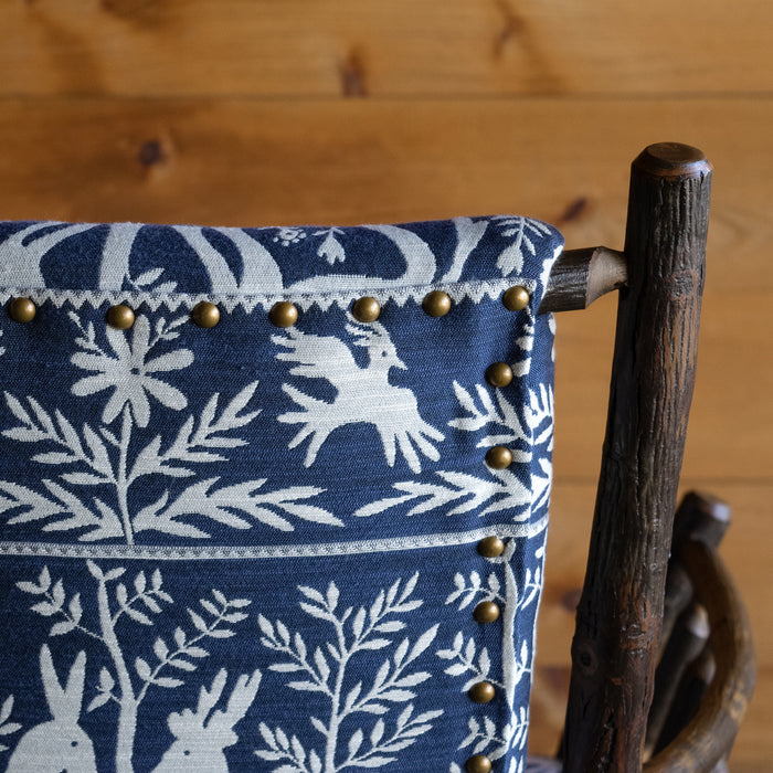 Rustic Steam-Bent Hickory Chair Upholstered in Blue and White Folk Animal Fabric, Back Nailhead Trim Detail