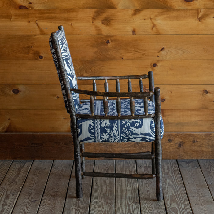 Rustic Steam-Bent Hickory Chair Upholstered in Blue and White Folk Animal Fabric, Profile View