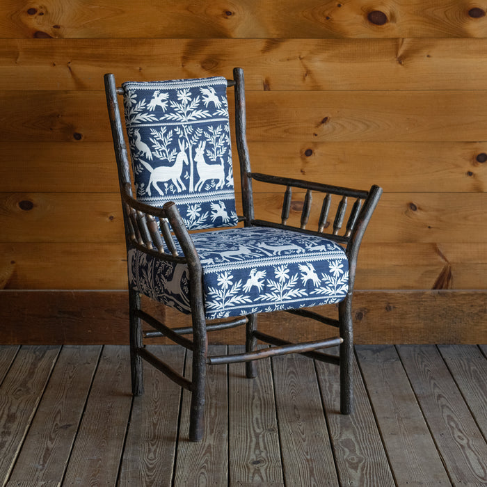 Rustic Steam-Bent Hickory Chair Upholstered in Blue and White Folk Animal Fabric, Angled Front View