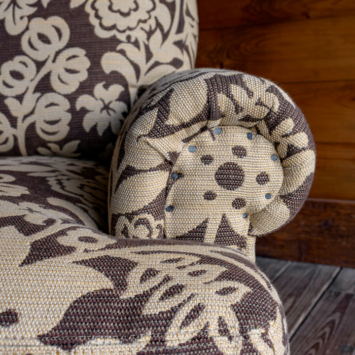 Oversized Loose Back Roll Arm Chair in Cream/Gold and Brown Floral Fabric with Tapered Legs, Arm and Tack Trim Detail