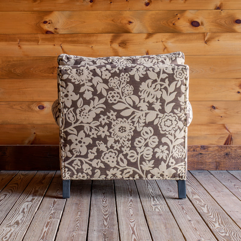 Oversized Loose Back Roll Arm Chair in Cream/Gold and Brown Floral Fabric with Tapered Legs, Back View