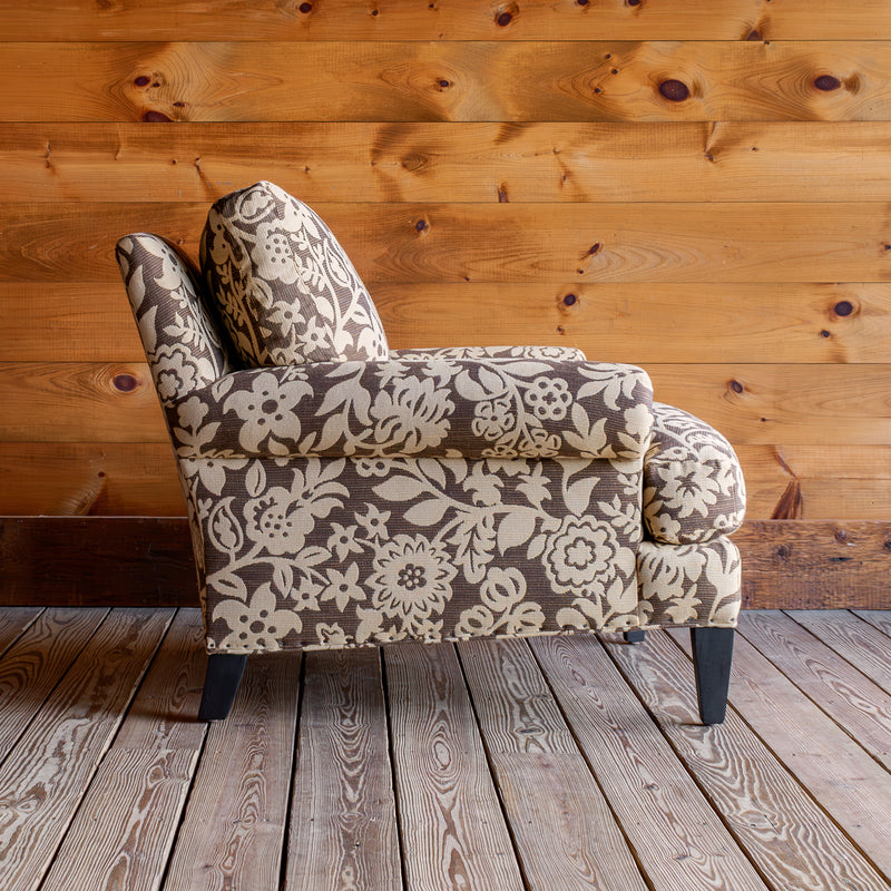 Oversized Loose Back Roll Arm Chair in Cream/Gold and Brown Floral Fabric with Tapered Legs, Profile View