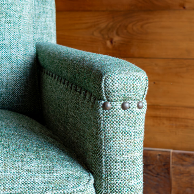 Loose Back Rustic Green Armchair, Tack and Arm Detail