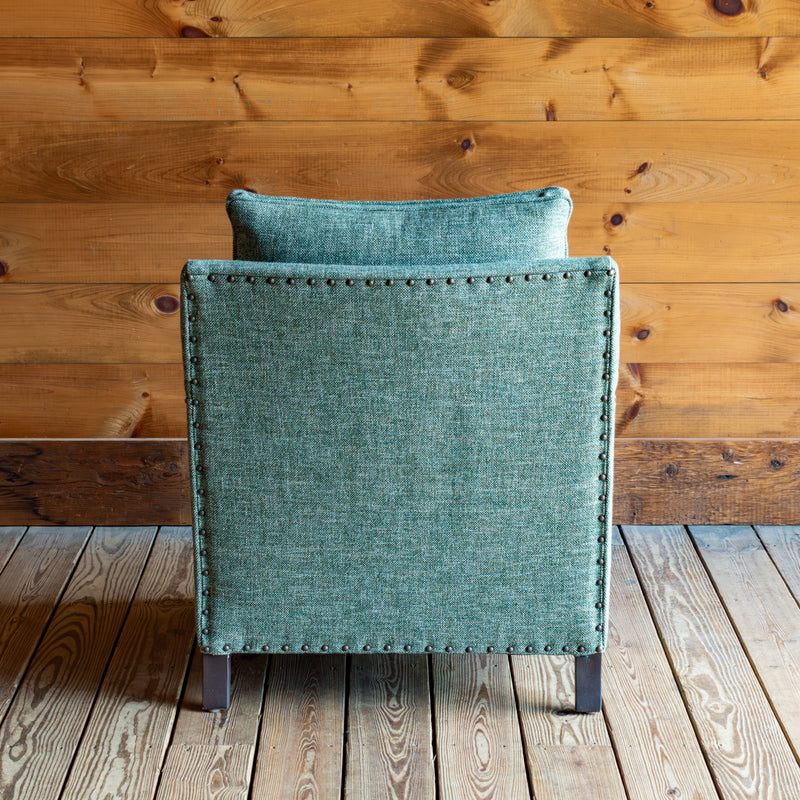 Loose Back Rustic Green Armchair With Tack Trim, Back View