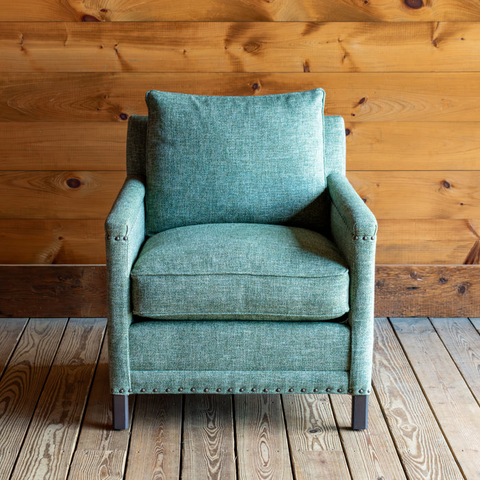 Loose Back Rustic Green Armchair With Tack Trim, Front View