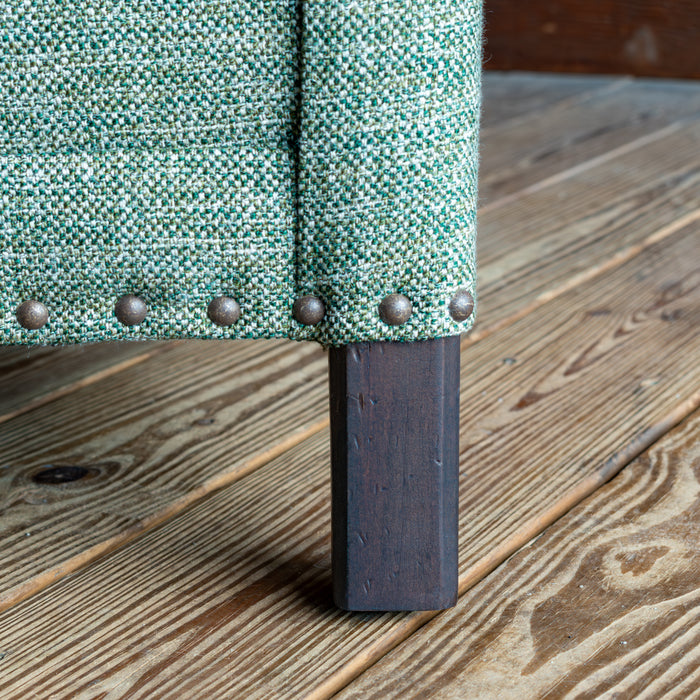 Loose Back Rustic Green Armchair, Tack And Leg Detail 