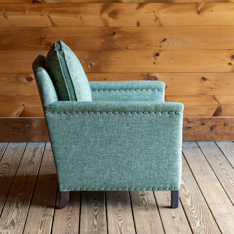 Loose Back Rustic Green Armchair with Tack Trim, Profile View