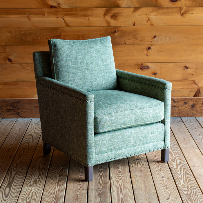 Loose Back Rustic Green Armchair with Tack Trim