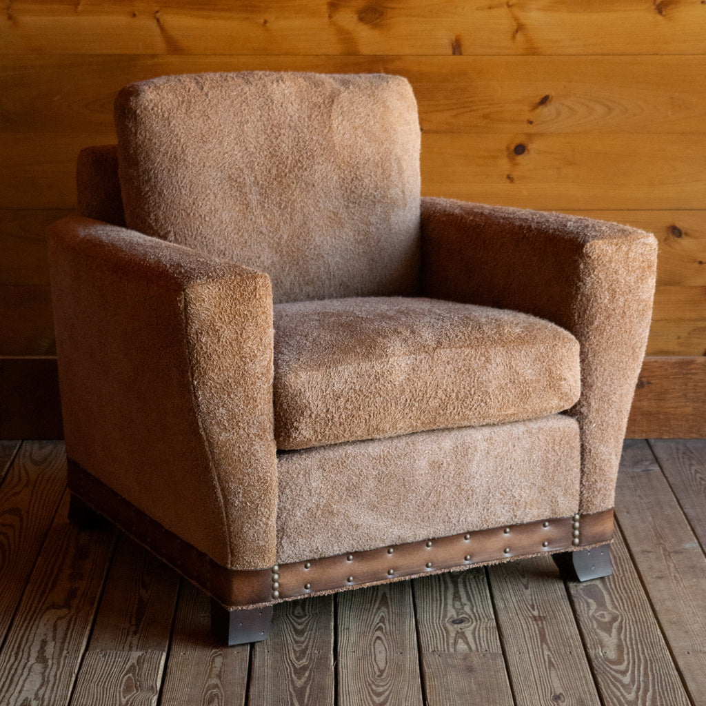 Oversized Leather Suede Arm Chair with Leather Banding, Angled Front View