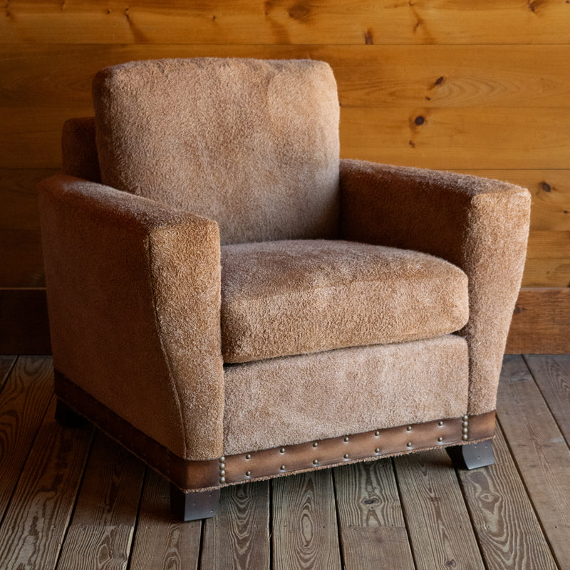 Oversized Leather Suede Arm Chair with Leather Banding, Angled Front View