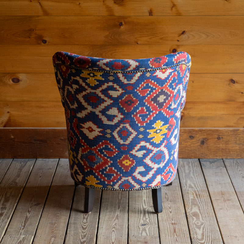 Petite Tightback Armchair Upholstered in Blue, Red, and Yellow Kilim Fabric, Back View