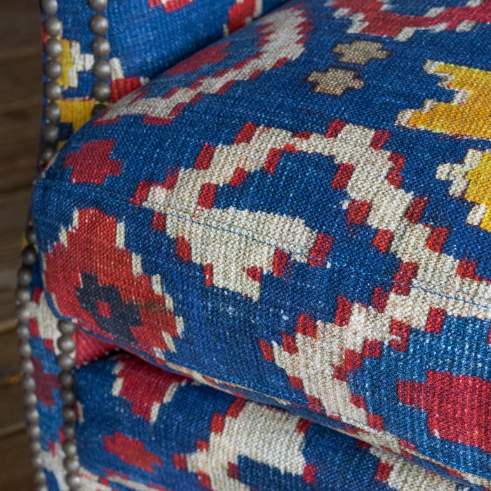 Petite Tightback Armchair Upholstered in Blue, Red, and Yellow Kilim Fabric, Seam Detail