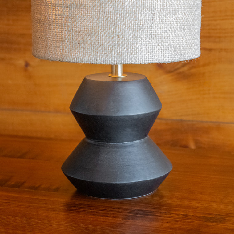 Petite Black Carved Wood Table Lamp with Jute Shade, Shade Detail
