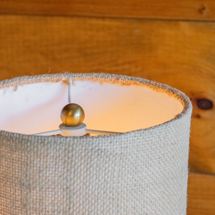 Petite Black Carved Wood Table Lamp with Jute Shade, Shade Detail